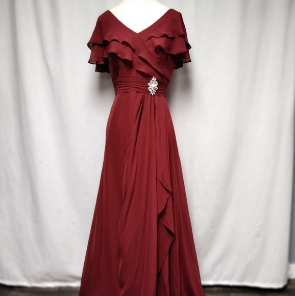 JJs House. NWT. Burgundy Full Length Chiffon Bridesmaid/Mother Bride Dress.  8. - Picture 3 of 15
